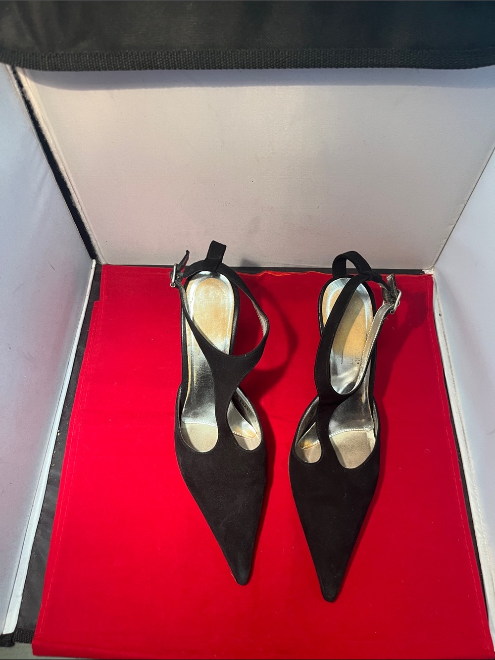Donald J. Pliner Black Suede Pointed Slingback Heels with Cross Straps